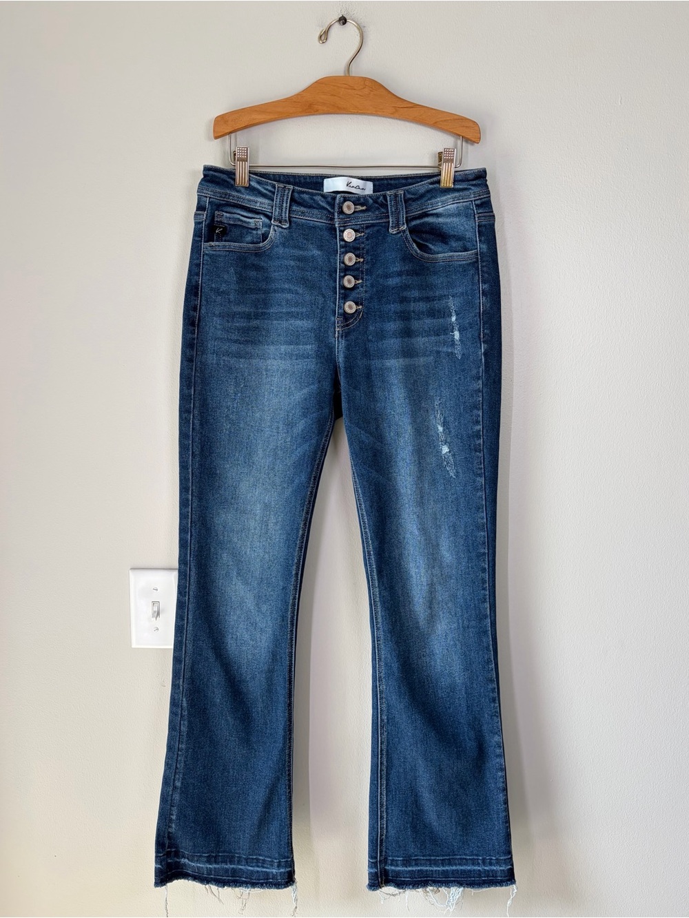 Kancan Lightly Distressed High Waisted Medium Wash Bootcut Jeans Boho Casual
